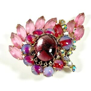 Juliana D&E Pink Stripe Givre Glass Rhinestone Brooch Pin Floral‎ 1960s Verified